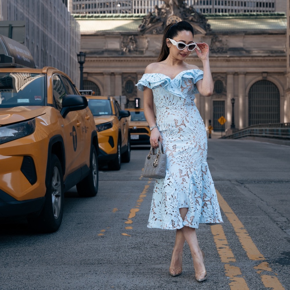 Jarlo Frill Cutwork Lace Off Shoulder Stepped Hem
Midi Dress in baby blue.